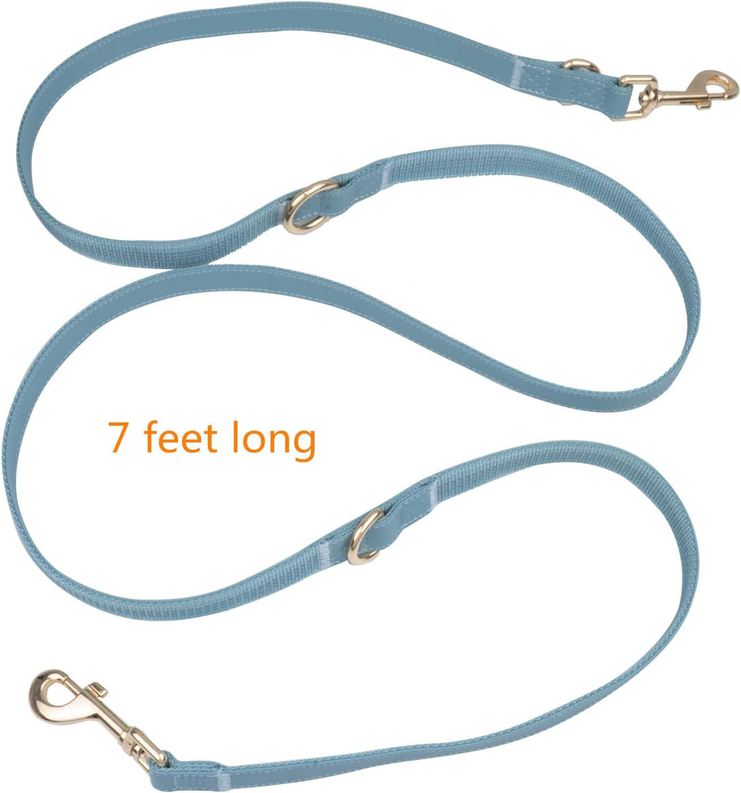 Leather Dog Collar and Leash Set 7FT Reflective at Night - Soft and Easy to Clean Vegan Leather with Gold Metal Buckle for Small Medium Large Dogs (M, Grey Blue)