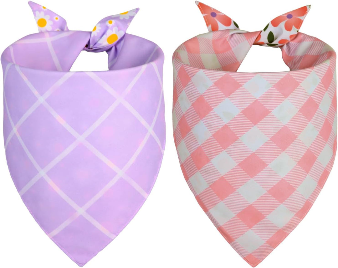 Spring Dog Bandana Girl Large 2PCS, Pink Purple Daisy Scarf, Durable Triangle Reversible Bibs Handkerchief for Puppy Pet