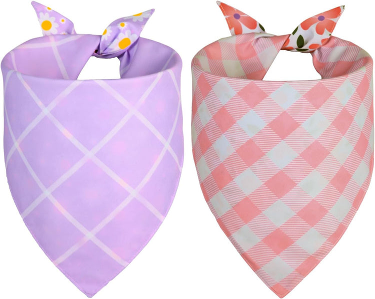 Spring Dog Bandana Girl Large 2PCS, Pink Purple Daisy Scarf, Durable Triangle Reversible Bibs Handkerchief for Puppy Pet