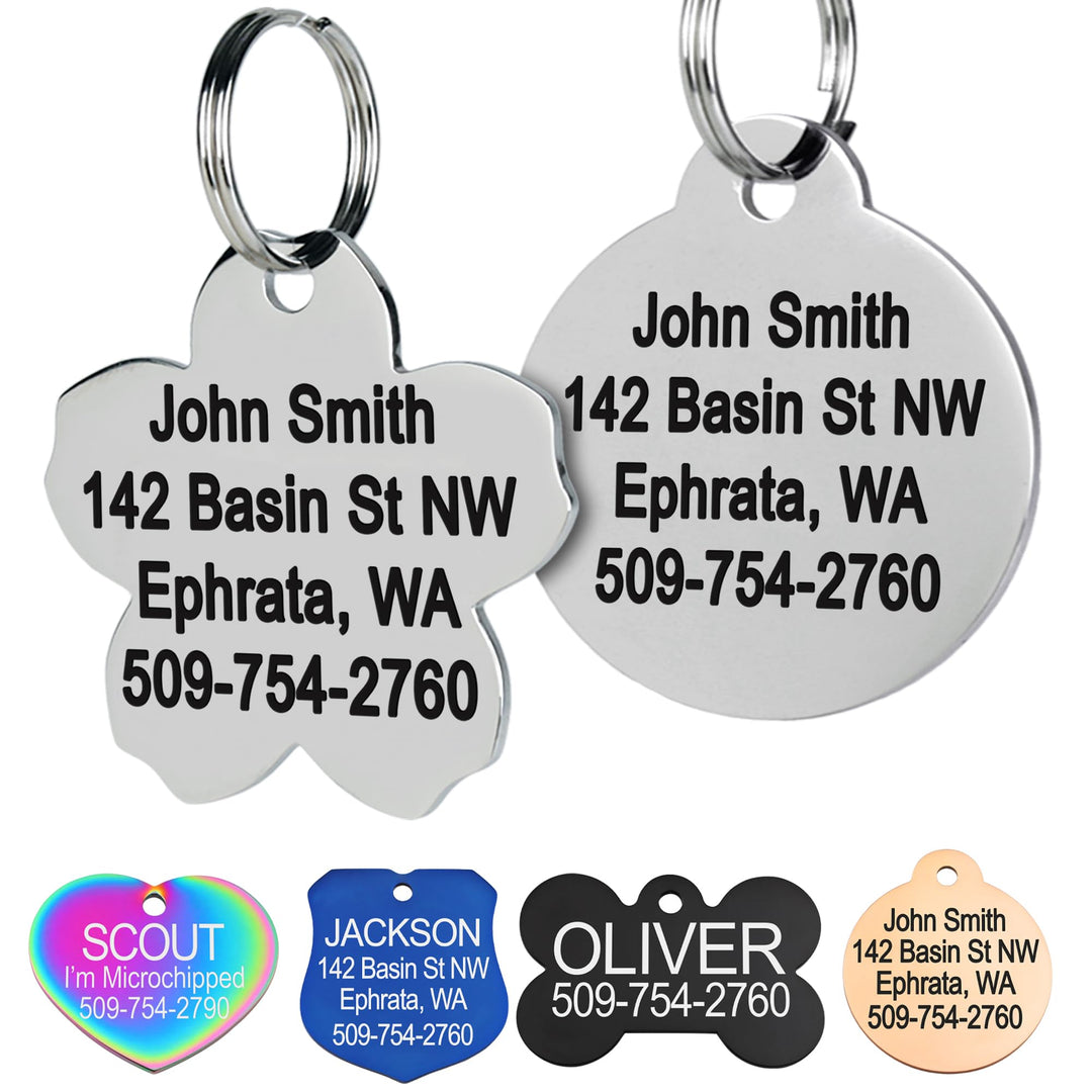 GoTags Stainless Steel Pet ID Tags, Personalized Dog Tags and Cat Tags, up to 8 Lines of Custom Text, Engraved on Both Sides, in Bone, Round, Heart, Bowtie and More (Dog Bone, Regular (Pack of 1))