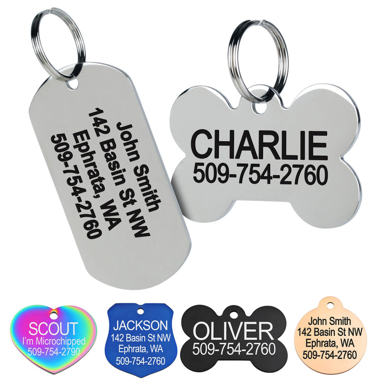 GoTags Stainless Steel Pet ID Tags, Personalized Dog Tags and Cat Tags, up to 8 Lines of Custom Text, Engraved on Both Sides, in Bone, Round, Heart, Bowtie and More (Dog Bone, Regular (Pack of 1))