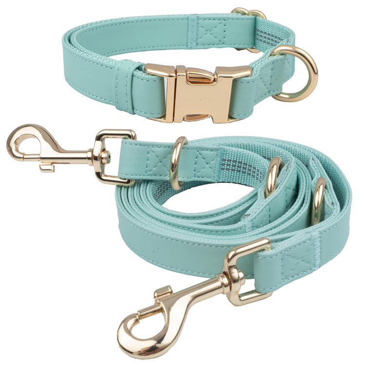Leather Dog Collar and Leash Set 7FT Reflective at Night - Soft and Easy to Clean Vegan Leather with Gold Metal Buckle for Small Medium Large Dogs (M, Grey Blue)