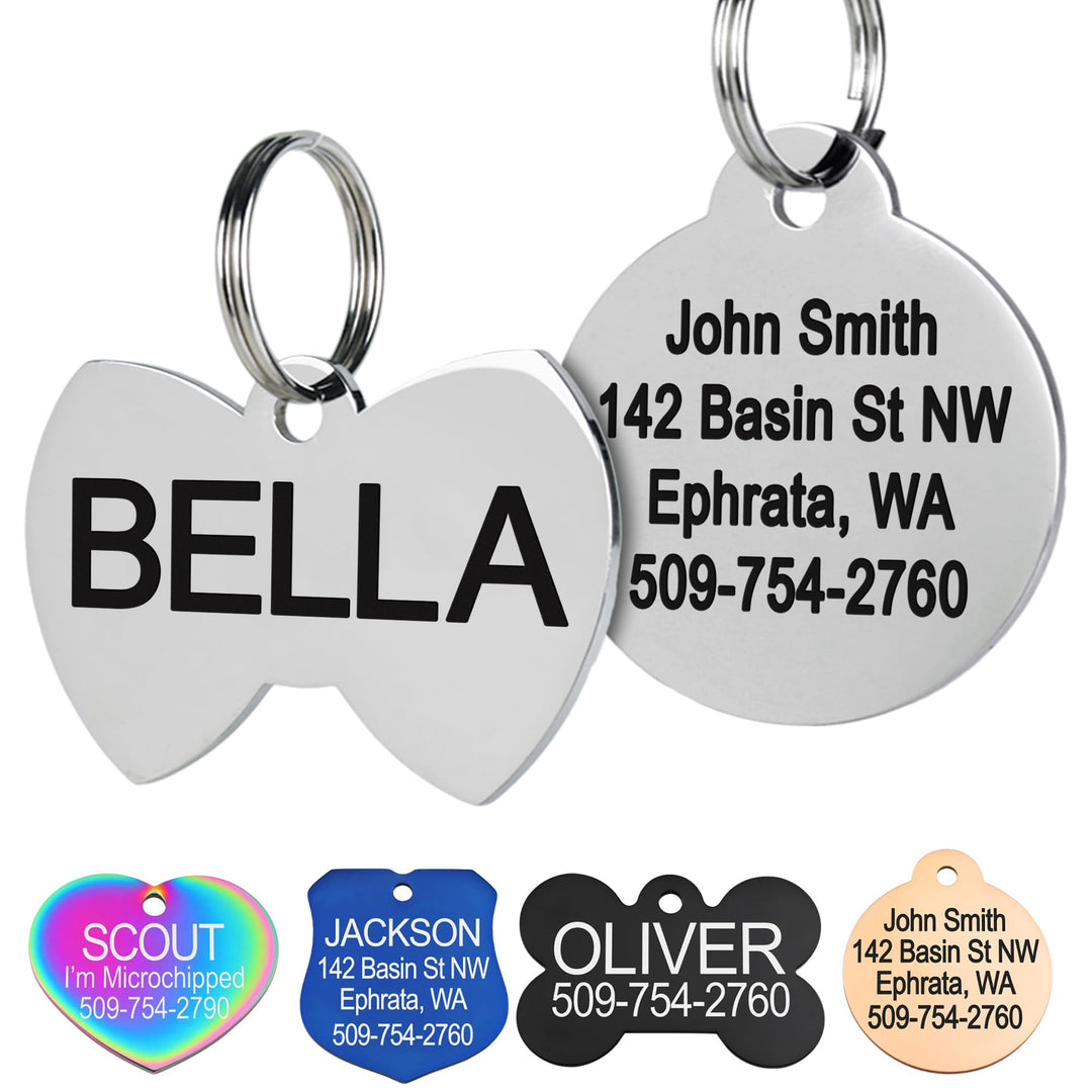 GoTags Stainless Steel Pet ID Tags, Personalized Dog Tags and Cat Tags, up to 8 Lines of Custom Text, Engraved on Both Sides, in Bone, Round, Heart, Bowtie and More (Dog Bone, Regular (Pack of 1))