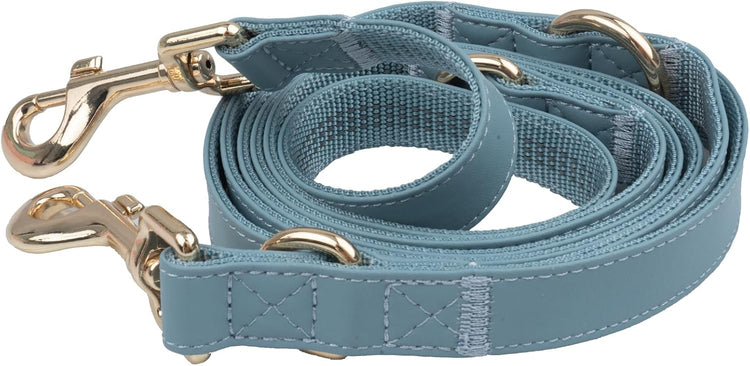 Leather Dog Collar and Leash Set 7FT Reflective at Night - Soft and Easy to Clean Vegan Leather with Gold Metal Buckle for Small Medium Large Dogs (M, Grey Blue)