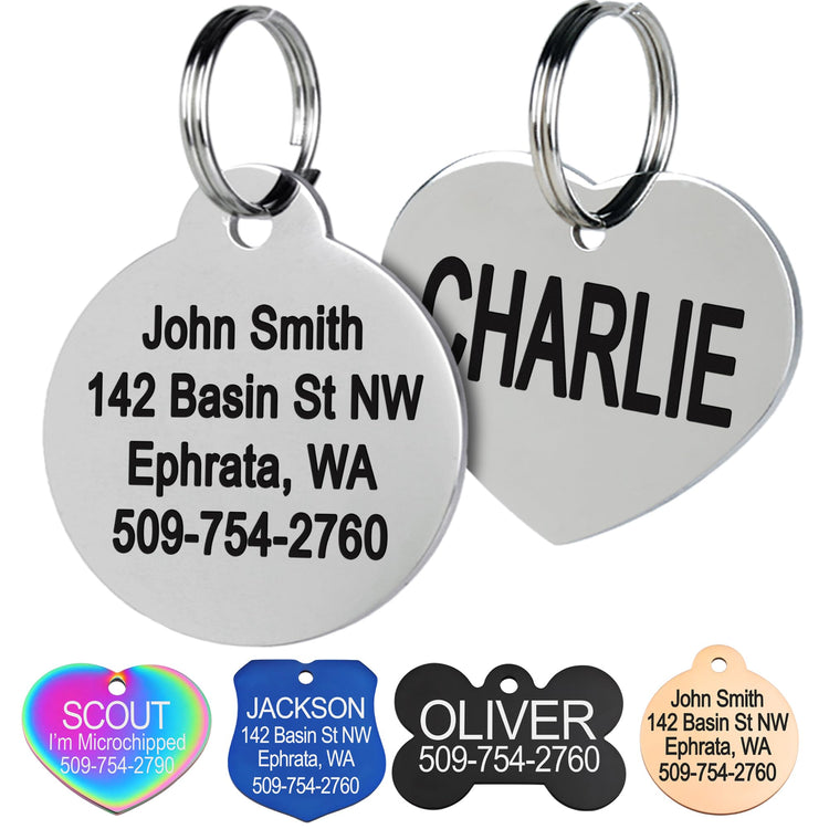 GoTags Stainless Steel Pet ID Tags, Personalized Dog Tags and Cat Tags, up to 8 Lines of Custom Text, Engraved on Both Sides, in Bone, Round, Heart, Bowtie and More (Dog Bone, Regular (Pack of 1))
