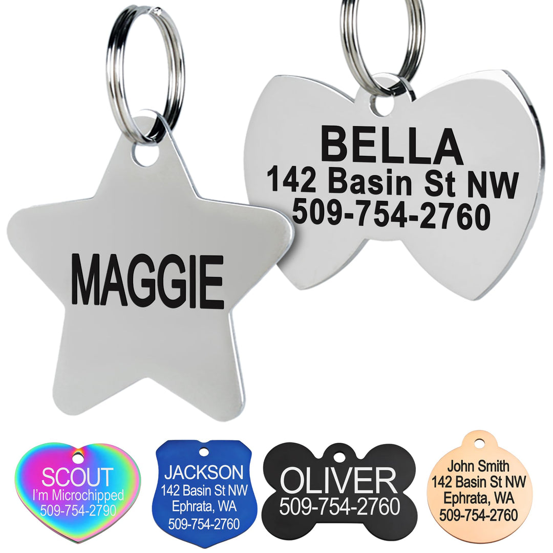 GoTags Stainless Steel Pet ID Tags, Personalized Dog Tags and Cat Tags, up to 8 Lines of Custom Text, Engraved on Both Sides, in Bone, Round, Heart, Bowtie and More (Dog Bone, Regular (Pack of 1))