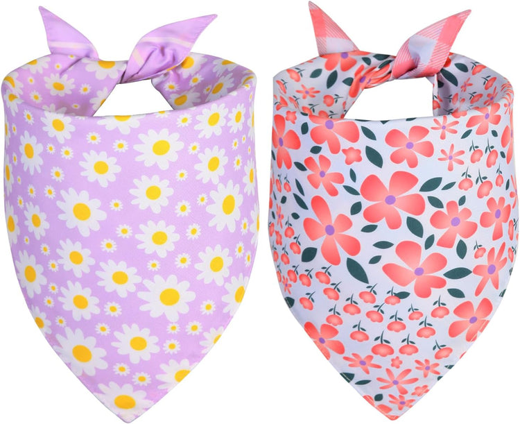 Spring Dog Bandana Girl Large 2PCS, Pink Purple Daisy Scarf, Durable Triangle Reversible Bibs Handkerchief for Puppy Pet