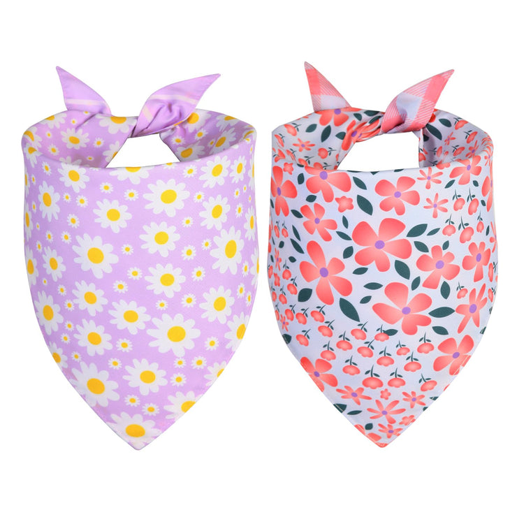 Spring Dog Bandana Girl Large 2PCS, Pink Purple Daisy Scarf, Durable Triangle Reversible Bibs Handkerchief for Puppy Pet