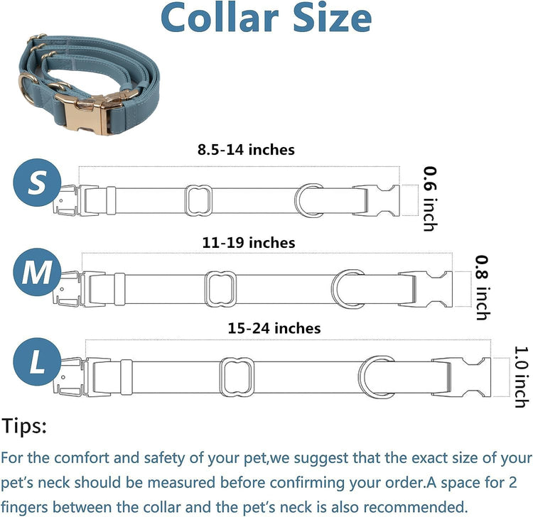 Leather Dog Collar and Leash Set 7FT Reflective at Night - Soft and Easy to Clean Vegan Leather with Gold Metal Buckle for Small Medium Large Dogs (M, Grey Blue)