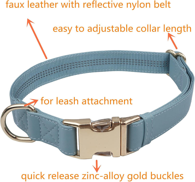 Leather Dog Collar and Leash Set 7FT Reflective at Night - Soft and Easy to Clean Vegan Leather with Gold Metal Buckle for Small Medium Large Dogs (M, Grey Blue)