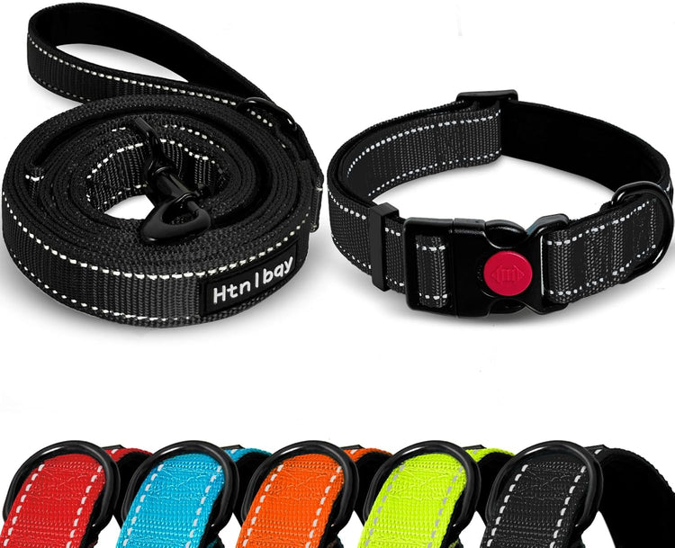 Dog Leashes for Large Dogs Heavy Duty, Double-Sided Reflective Dog Leash for Large Dogs Walking, Padded Handle Nylon Reinforced Reflective Buckle Dog Collar, Black, Large, 5FT