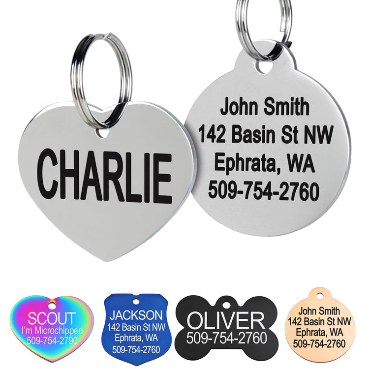 GoTags Stainless Steel Pet ID Tags, Personalized Dog Tags and Cat Tags, up to 8 Lines of Custom Text, Engraved on Both Sides, in Bone, Round, Heart, Bowtie and More (Dog Bone, Regular (Pack of 1))