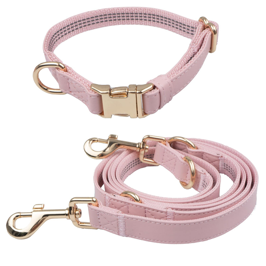 Leather Dog Collar and Leash Set 7FT Reflective at Night - Soft and Easy to Clean Vegan Leather with Gold Metal Buckle for Small Medium Large Dogs (M, Grey Blue)
