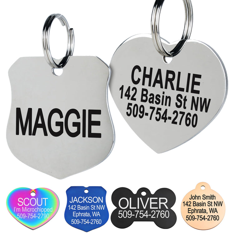 GoTags Stainless Steel Pet ID Tags, Personalized Dog Tags and Cat Tags, up to 8 Lines of Custom Text, Engraved on Both Sides, in Bone, Round, Heart, Bowtie and More (Dog Bone, Regular (Pack of 1))