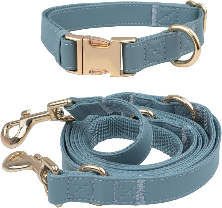 Leather Dog Collar and Leash Set 7FT Reflective at Night - Soft and Easy to Clean Vegan Leather with Gold Metal Buckle for Small Medium Large Dogs (M, Grey Blue)