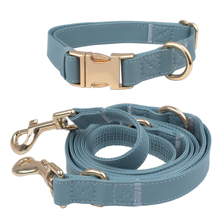 Leather Dog Collar and Leash Set 7FT Reflective at Night - Soft and Easy to Clean Vegan Leather with Gold Metal Buckle for Small Medium Large Dogs (M, Grey Blue)