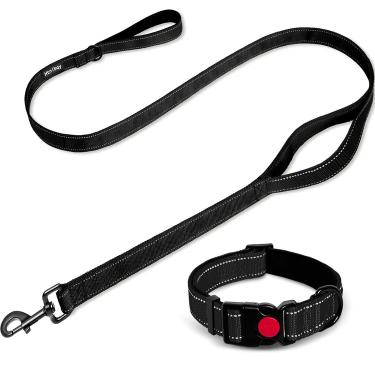 Dog Leashes for Large Dogs Heavy Duty, Double-Sided Reflective Dog Leash for Large Dogs Walking, Padded Handle Nylon Reinforced Reflective Buckle Dog Collar, Black, Large, 5FT