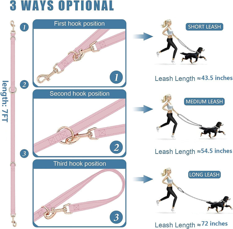 Leather Dog Collar and Leash Set 7FT Reflective at Night - Soft and Easy to Clean Vegan Leather with Gold Metal Buckle for Small Medium Large Dogs (M, Grey Blue)
