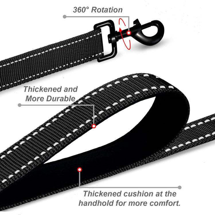 Dog Leashes for Large Dogs Heavy Duty, Double-Sided Reflective Dog Leash for Large Dogs Walking, Padded Handle Nylon Reinforced Reflective Buckle Dog Collar, Black, Large, 5FT