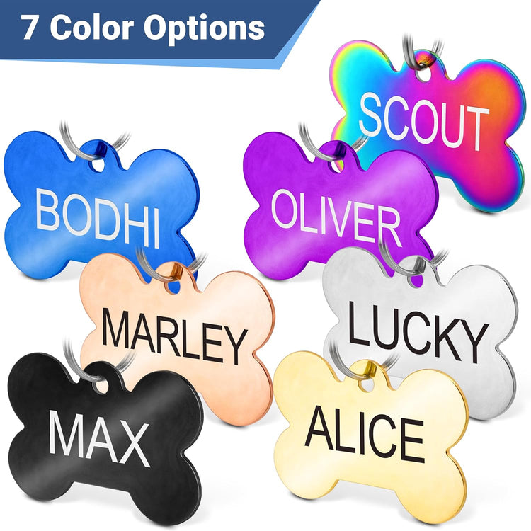 GoTags Stainless Steel Pet ID Tags, Personalized Dog Tags and Cat Tags, up to 8 Lines of Custom Text, Engraved on Both Sides, in Bone, Round, Heart, Bowtie and More (Dog Bone, Regular (Pack of 1))